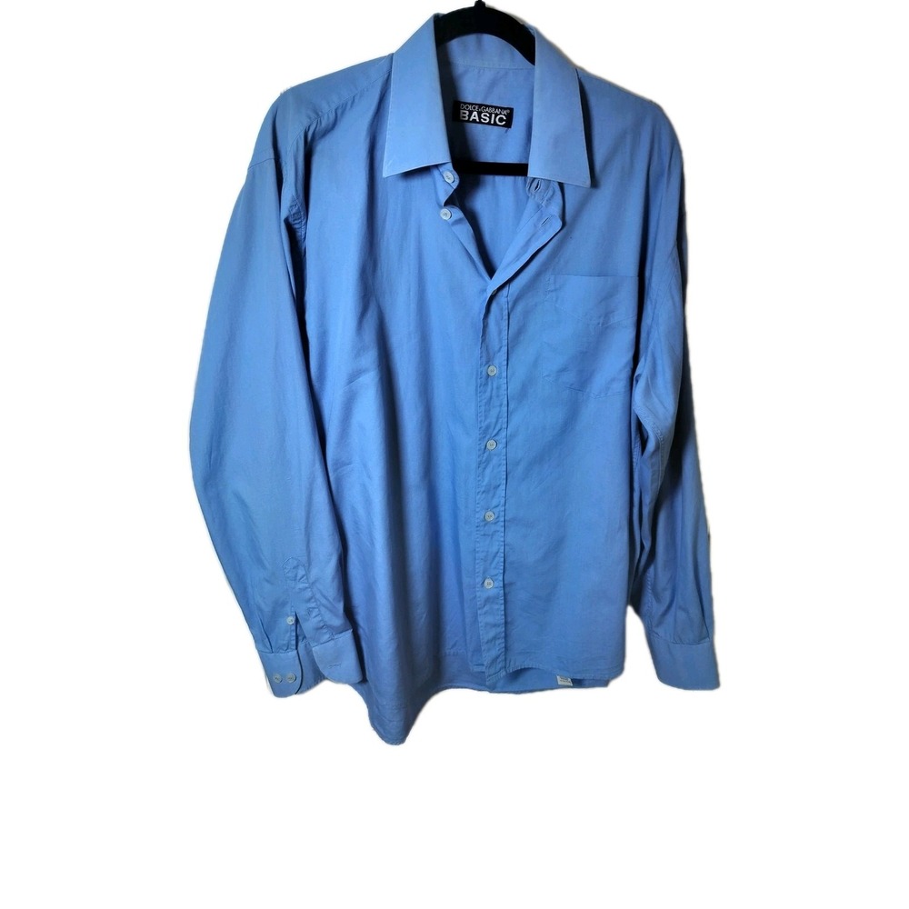 Dolce & Gabbana Men's Blue Dress Shirt 16.5 42 Solid 100% Cotton Long Sleeve‎